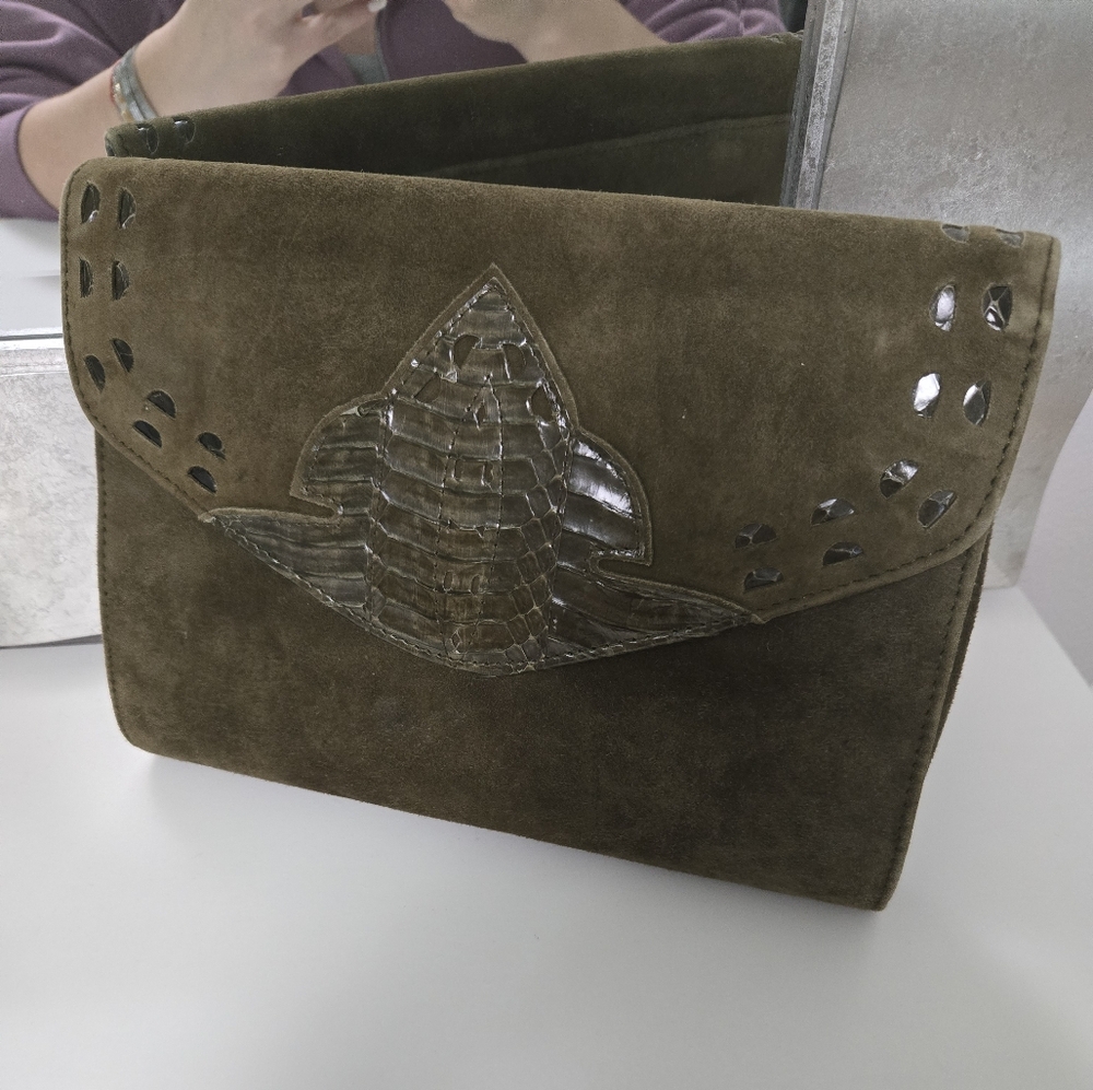 Vintage Suede Clutch In Olive Green With Removable Strap